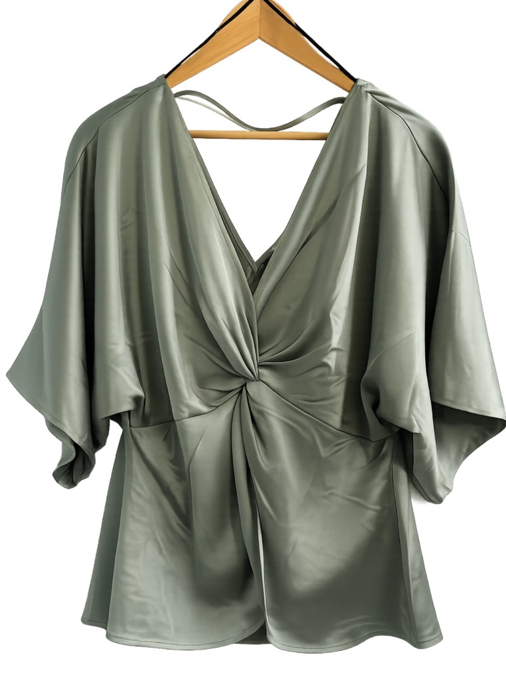 NWT Satin Knot-Front V-Neck Top - Sage Green - Size L